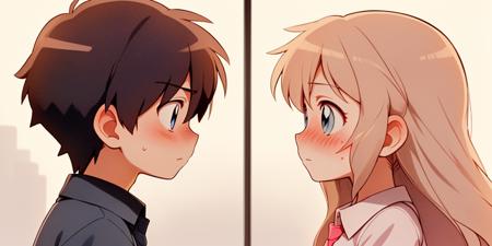 03950-3680898265-profile, 1girl, 1boy, long hair, blush, looking at another, blue eyes, eye contact, short hair, hetero, male child, shirt, colla.png